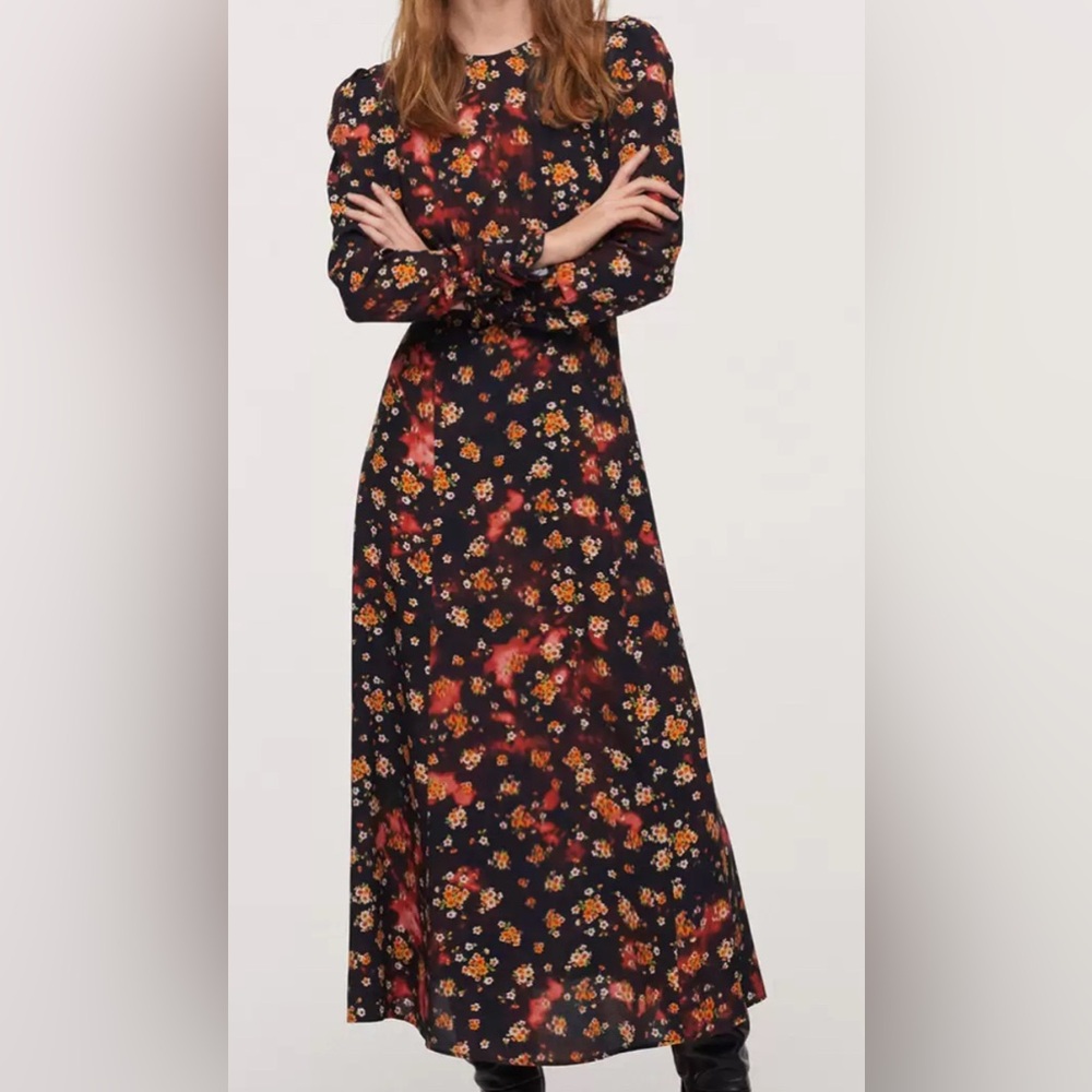 Mango Orange and Black Sheath Dress with Bishop Sleeves